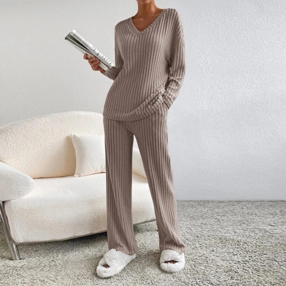 Ensemble de vêtements d'intérieur pour femme - Tricot côtelé - Haut col en V et pantalon droit - Coupe décontractée Beige / S MAX FOR ME