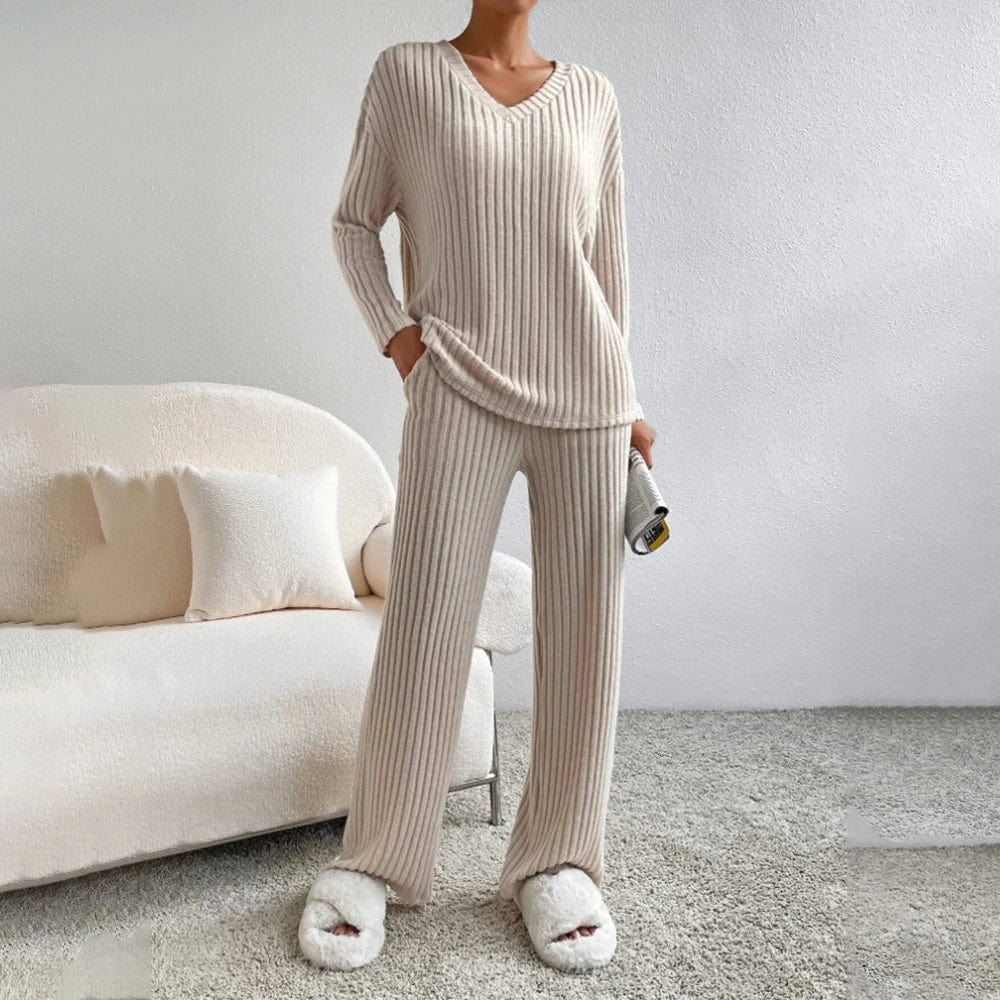 Ensemble de vêtements d'intérieur pour femme - Tricot côtelé - Haut col en V et pantalon droit - Coupe décontractée Blanc / S MAX FOR ME