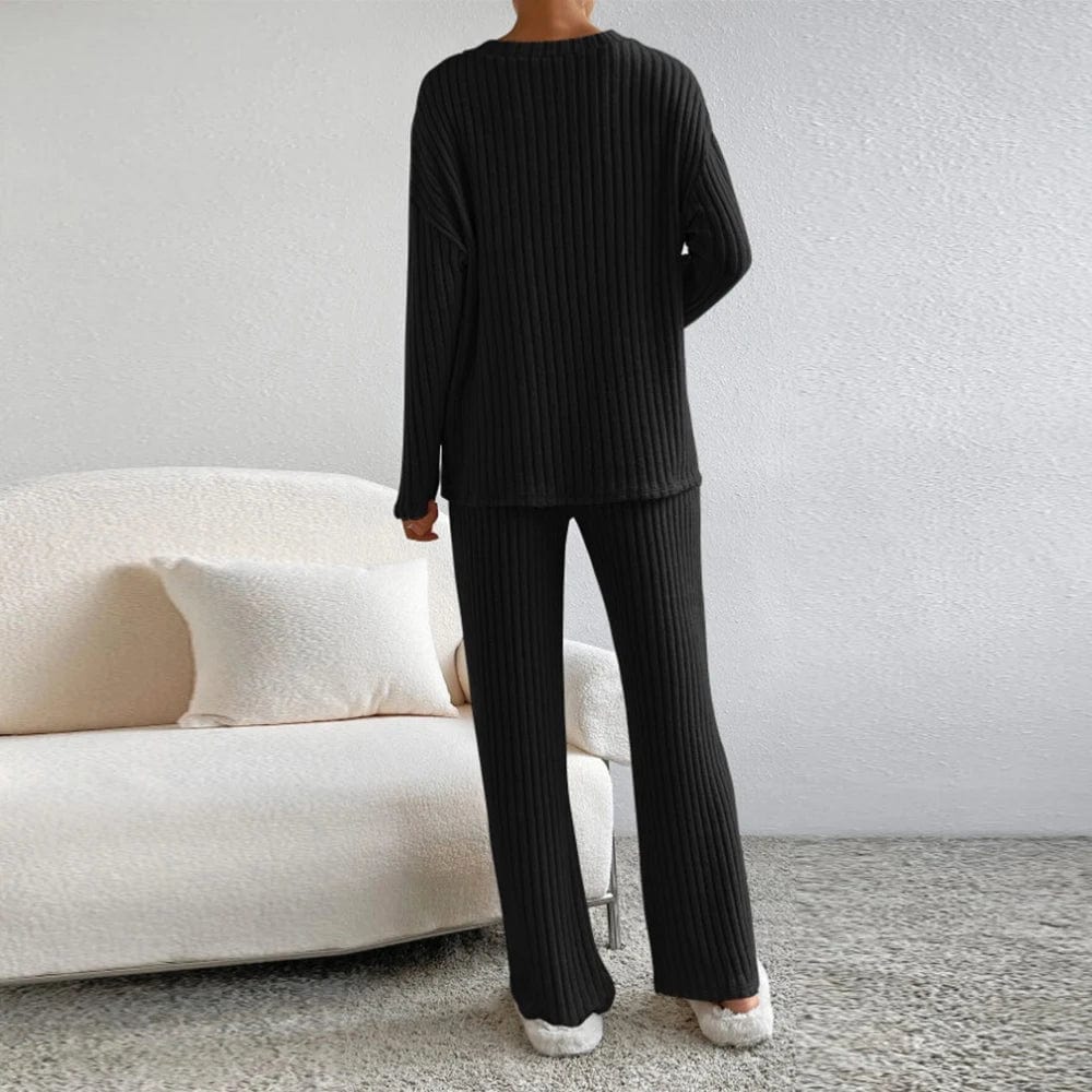 Ensemble de vêtements d'intérieur pour femme - Tricot côtelé - Haut col en V et pantalon droit - Coupe décontractée MAX FOR ME