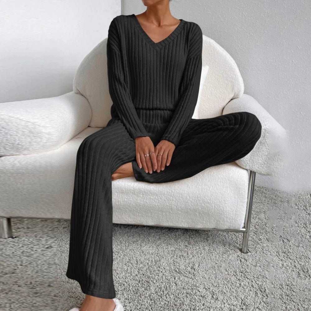 Ensemble de vêtements d'intérieur pour femme - Tricot côtelé - Haut col en V et pantalon droit - Coupe décontractée MAX FOR ME