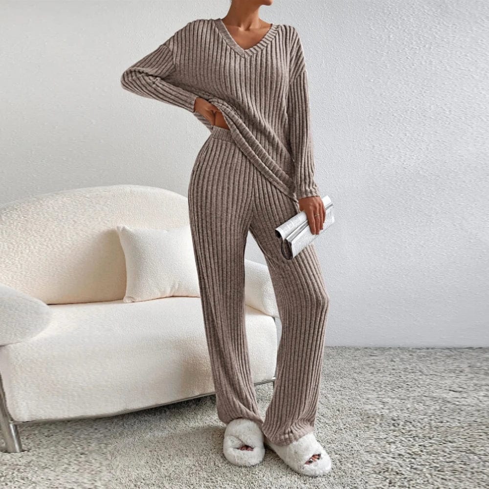 Ensemble de vêtements d'intérieur pour femme - Tricot côtelé - Haut col en V et pantalon droit - Coupe décontractée MAX FOR ME