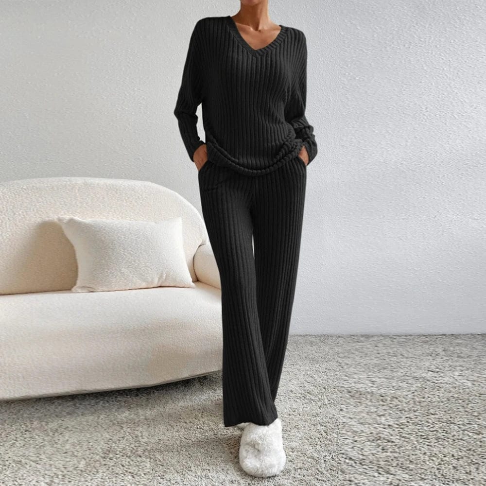 Ensemble de vêtements d'intérieur pour femme - Tricot côtelé - Haut col en V et pantalon droit - Coupe décontractée Beige / S MAX FOR ME
