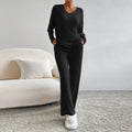 Ensemble de vêtements d'intérieur pour femme - Tricot côtelé - Haut col en V et pantalon droit - Coupe décontractée Noir / S MAX FOR ME