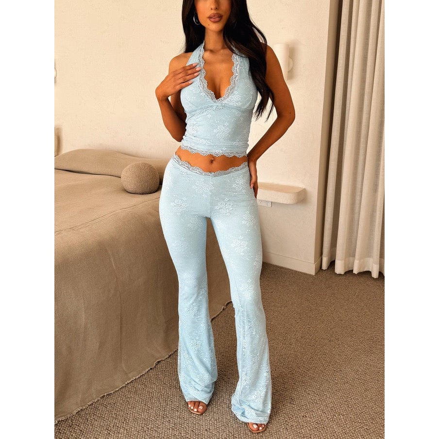 Ensemble Deux Pièces Dentelle – Pantalon Évasé et Haut Halter Séduisant Bleu / S MAX FOR ME