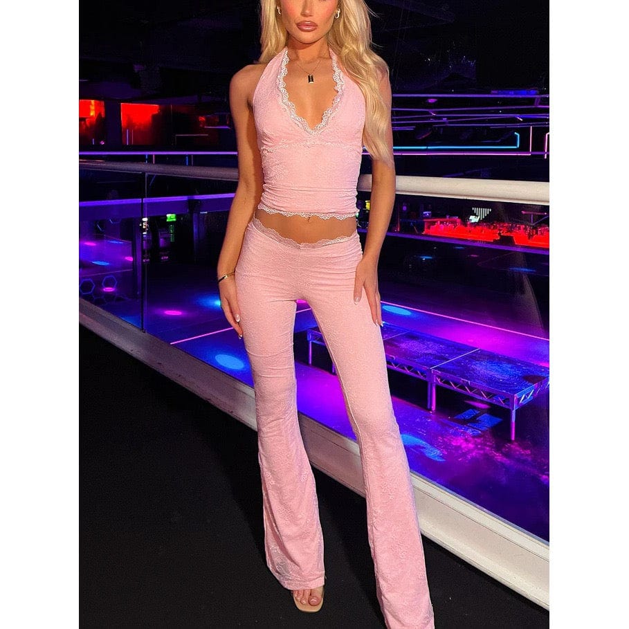Ensemble Deux Pièces Dentelle – Pantalon Évasé et Haut Halter Séduisant MAX FOR ME