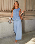 Ensemble deux pièces en jean – Gilet structuré et pantalon large stylé Bleu clair / S ensemble deux pièces