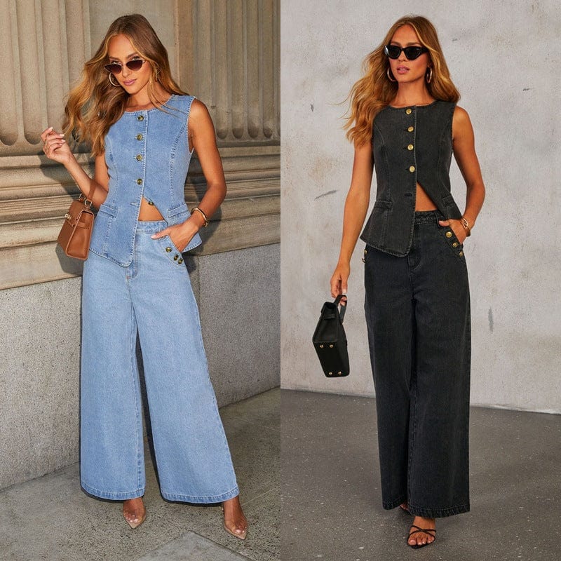 Ensemble deux pièces en jean – Gilet structuré et pantalon large stylé ensemble deux pièces