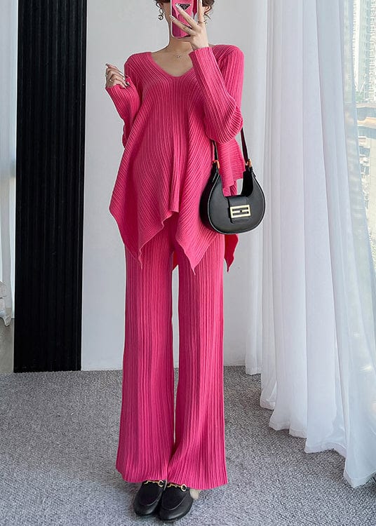 Ensemble deux pièces pour femme - Tricot côtelé - Pull oversize à col en V et pantalon large MAX FOR ME