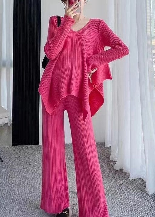 Ensemble deux pièces pour femme - Tricot côtelé - Pull oversize à col en V et pantalon large Rose / S MAX FOR ME