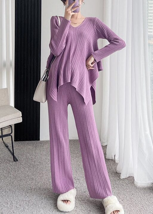 Ensemble deux pièces pour femme - Tricot côtelé - Pull oversize à col en V et pantalon large Rose / S MAX FOR ME