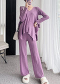 Ensemble deux pièces pour femme - Tricot côtelé - Pull oversize à col en V et pantalon large Violet / S MAX FOR ME
