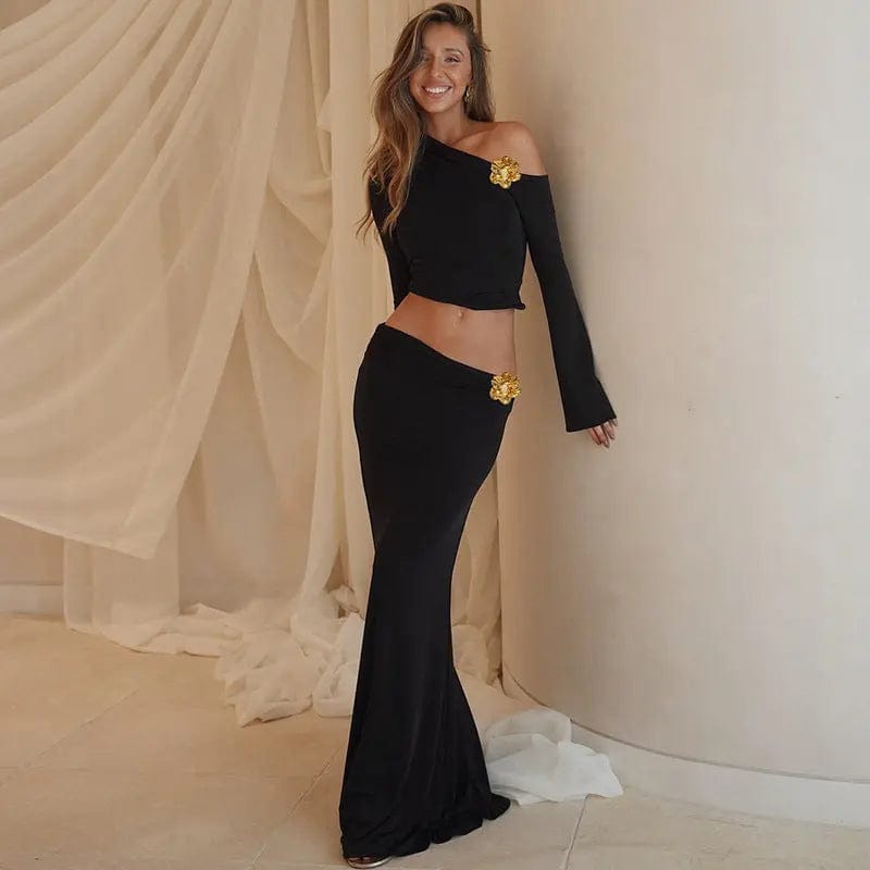Ensemble élégant jupe longue taille haute & top manches évasées – style asymétrique chic. MAX FOR ME