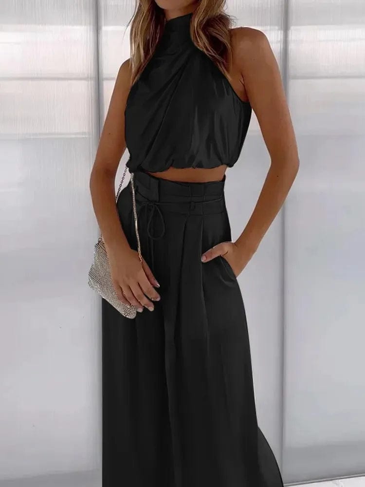 Ensemble féminin en deux pièces - Crop Top sans manches et pantalon large à tête haute - ajustement élégant MAX FOR ME