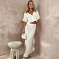 Ensemble femme bohème chic : top court décontracté et jupe longue taille haute en coton léger Beige Foncé / S MAX FOR ME
