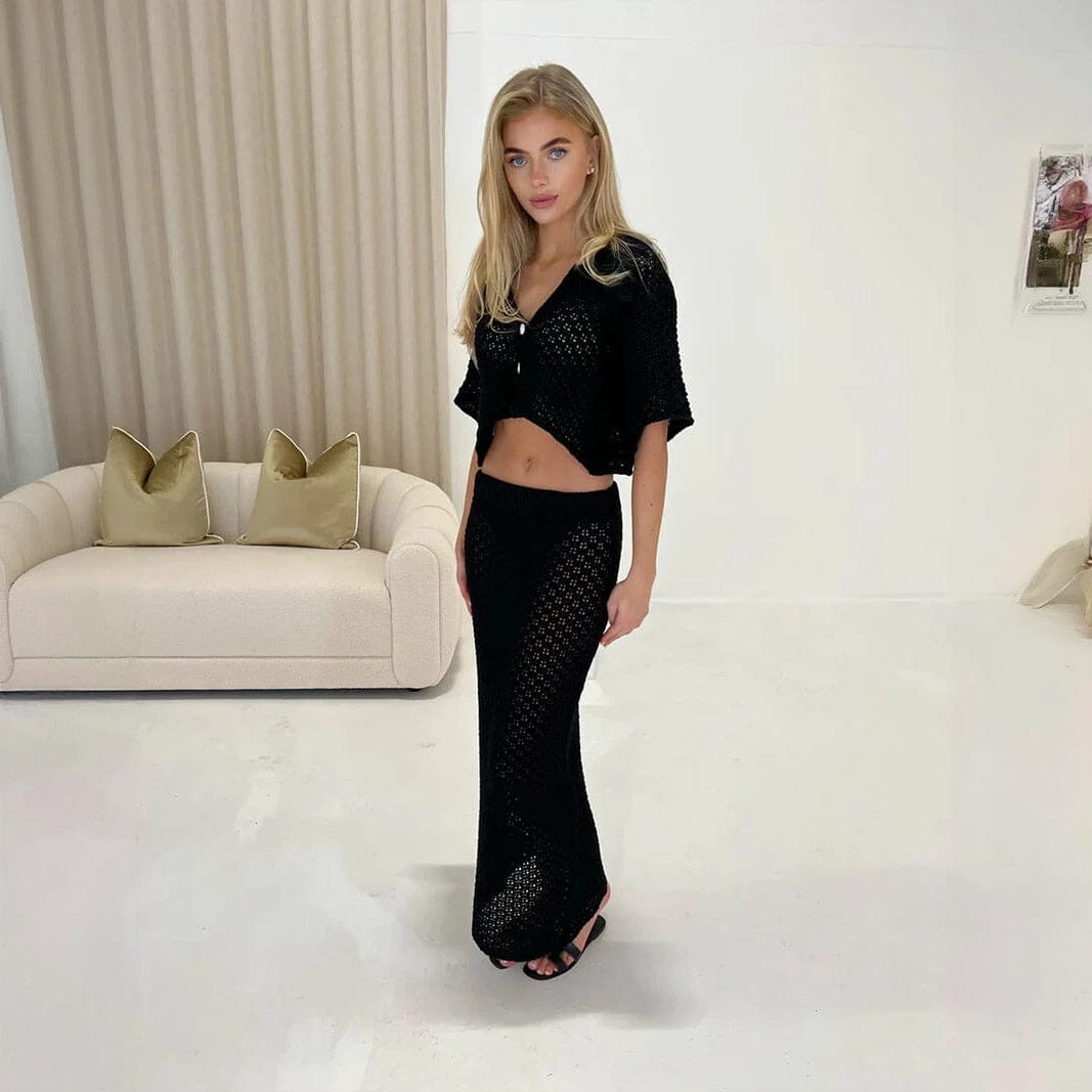 Ensemble femme bohème chic : top court décontracté et jupe longue taille haute en coton léger Noir Carmin / S MAX FOR ME