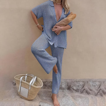 Ensemble femme tricot léger – chemise boutonnée et pantalon fluide Bleu clair / S MAX FOR ME