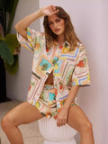 Ensemble femme tropical coloré - chemise boutonnée et short taille haute imprimé exotique Orange / S MAX FOR ME
