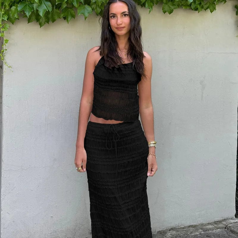 Ensemble jupe midi texturé – haut licou et taille cordon ajustable Noir Carmin / S MAX FOR ME