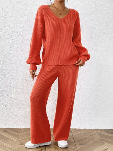 Ensemble maille femme orange pull col V pantalon large MAX FOR ME