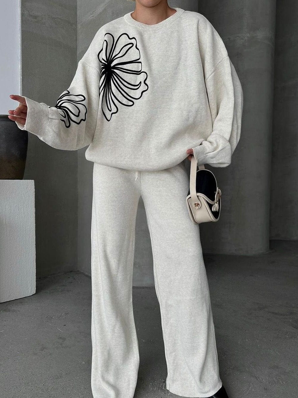 Ensemble pull à motif floral et pantalon ample - Confort cocooning et style bohème moderne Blanc / S MAX for ME