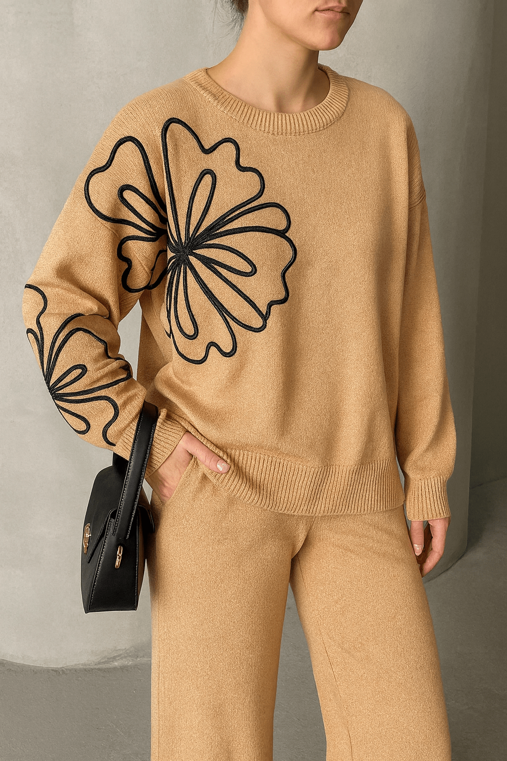 Ensemble pull à motif floral et pantalon ample - Confort cocooning et style bohème moderne Marron / S MAX for ME