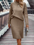 Ensemble pull et jupe en tricot pour femme - Col montant - Manches longues - Jupe crayon ajustée Beige / XS MAX FOR ME