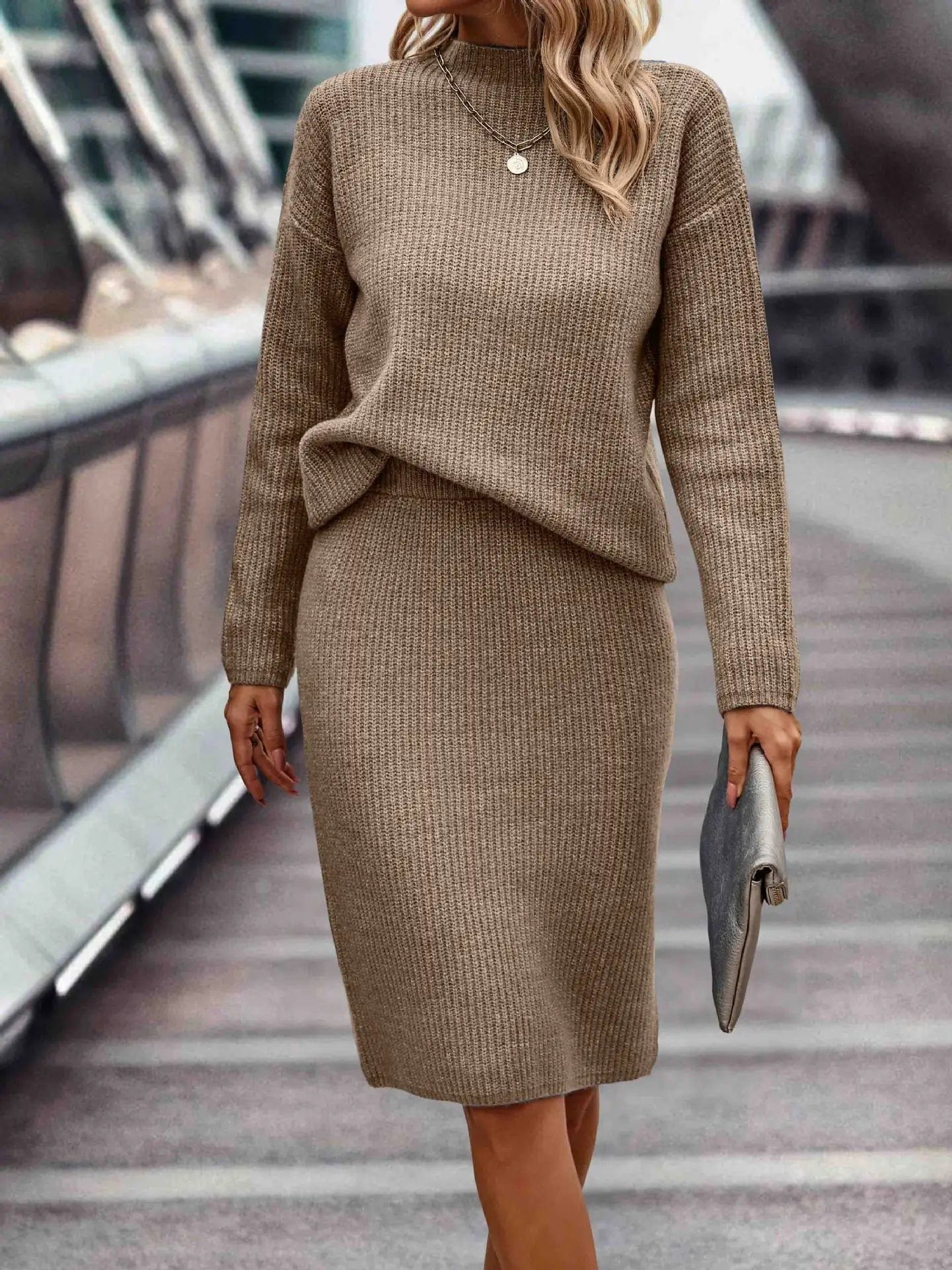 Ensemble pull et jupe en tricot pour femme - Col montant - Manches longues - Jupe crayon ajustée Beige / XS MAX FOR ME