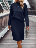Ensemble pull et jupe en tricot pour femme - Col montant - Manches longues - Jupe crayon ajustée Bleu foncé / XS MAX FOR ME