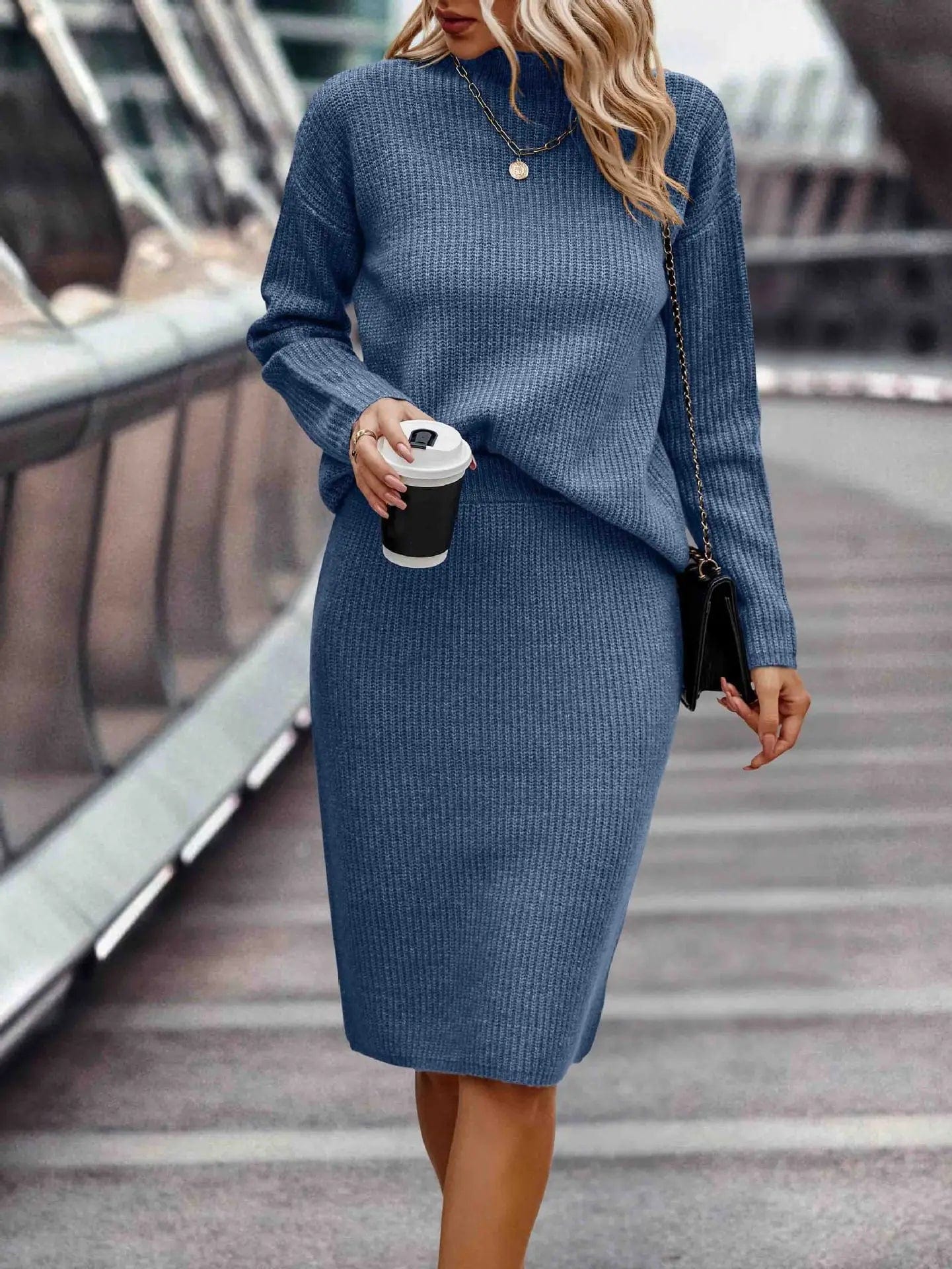 Ensemble pull et jupe en tricot pour femme - Col montant - Manches longues - Jupe crayon ajustée Bleu / XS MAX FOR ME