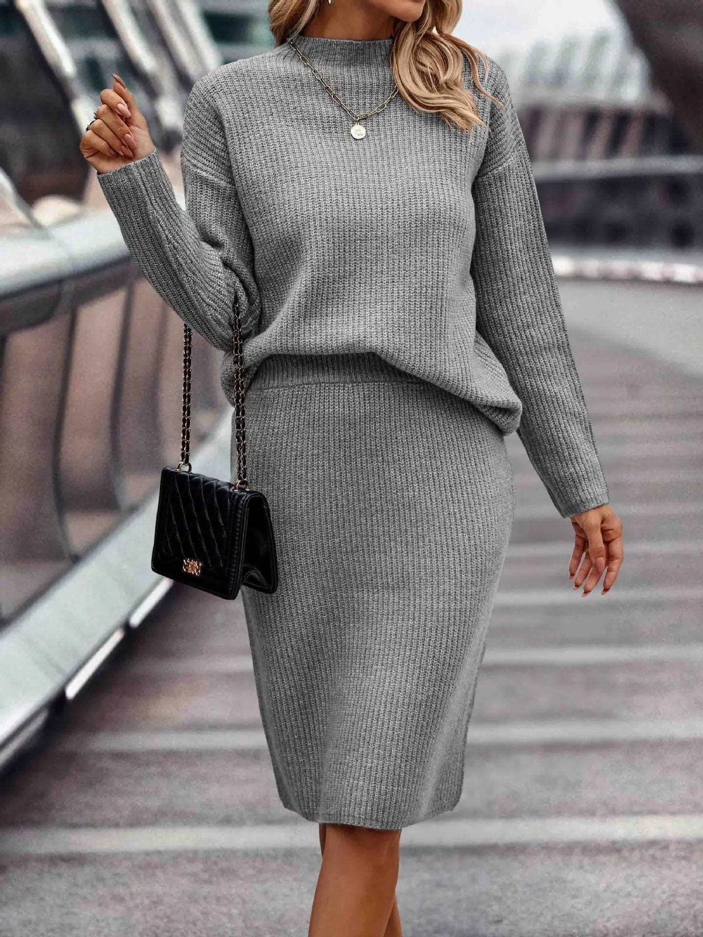 Ensemble pull et jupe en tricot pour femme - Col montant - Manches longues - Jupe crayon ajustée Gris / XS MAX FOR ME