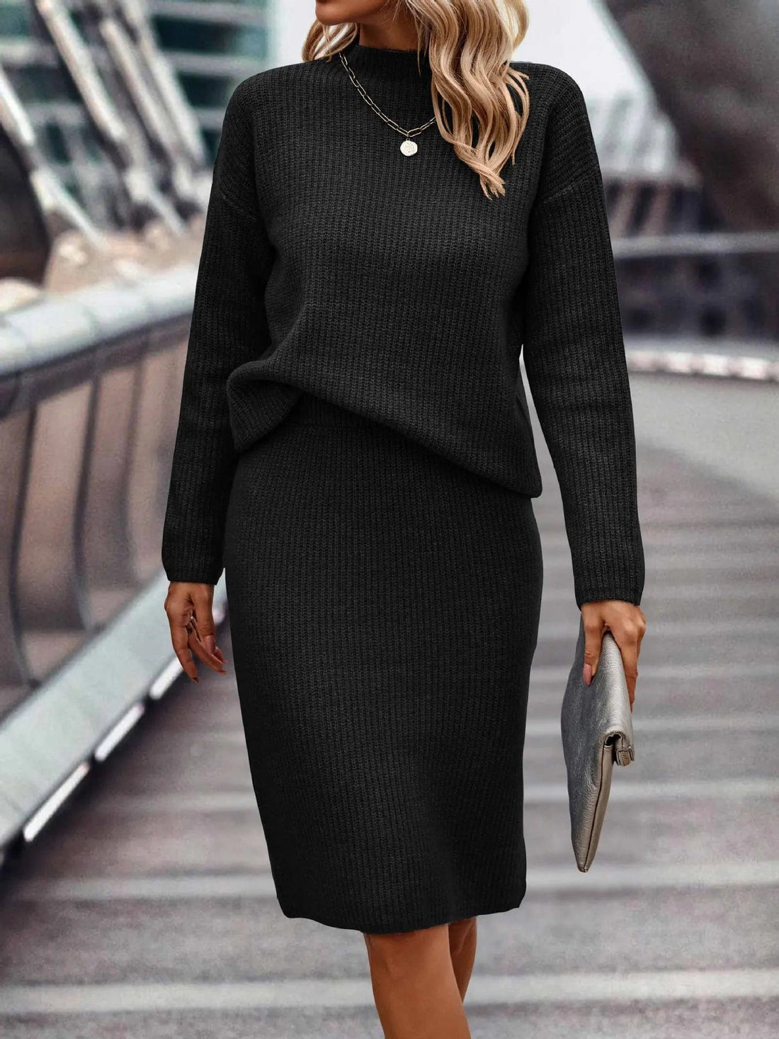 Ensemble pull et jupe en tricot pour femme - Col montant - Manches longues - Jupe crayon ajustée Noir / XS MAX FOR ME