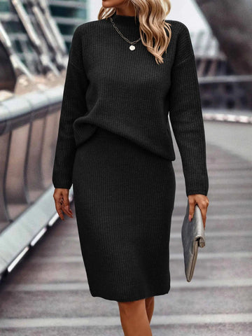 Ensemble pull et jupe en tricot pour femme - Col montant - Manches longues - Jupe crayon ajustée Noir / XS MAX FOR ME