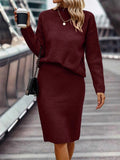 Ensemble pull et jupe en tricot pour femme - Col montant - Manches longues - Jupe crayon ajustée Rouge foncé / XS MAX FOR ME
