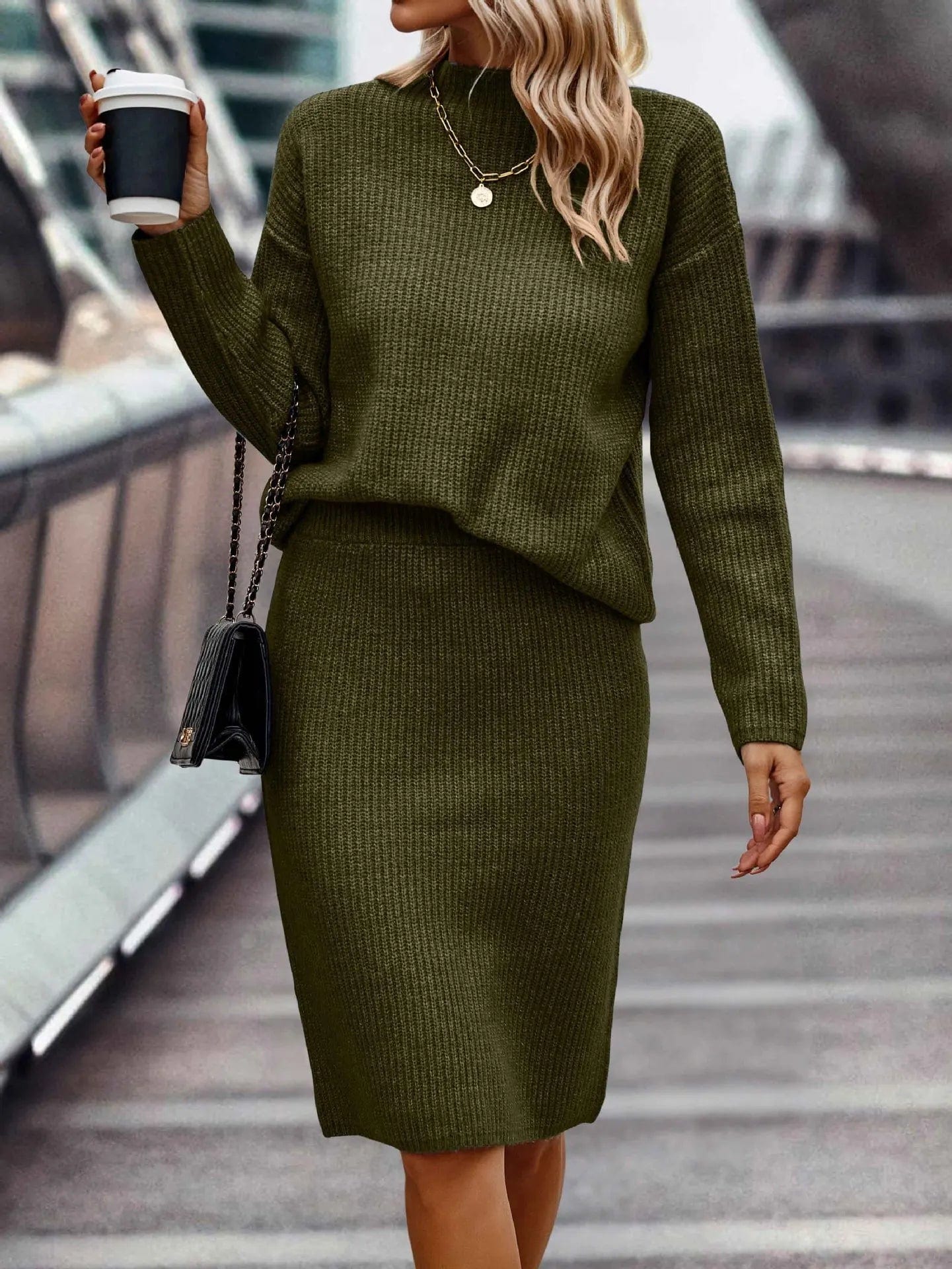 Ensemble pull et jupe en tricot pour femme - Col montant - Manches longues - Jupe crayon ajustée Vert / XS MAX FOR ME