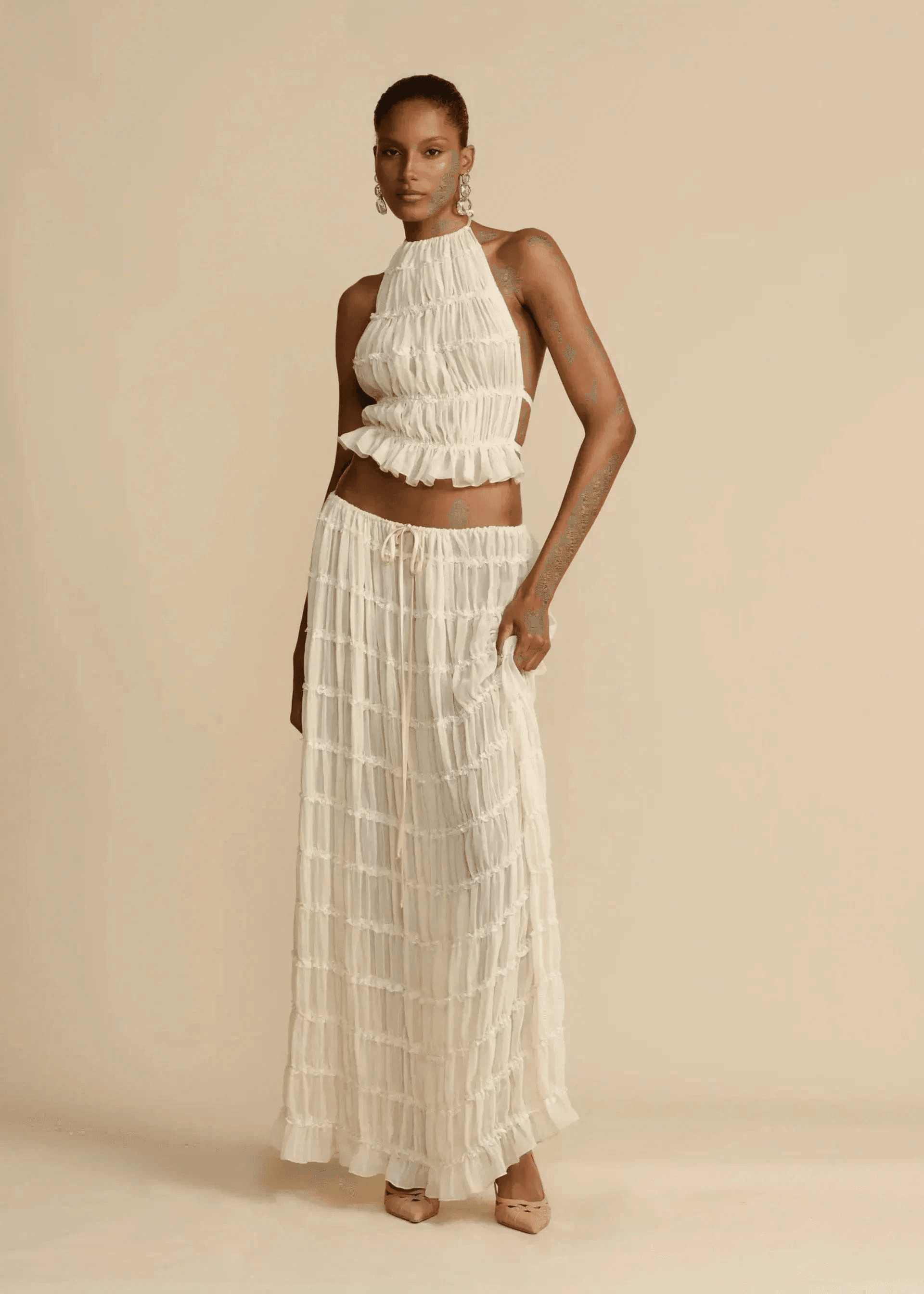 Ensemble Stella – Jupe Maxi et Top Dos Nu en Tissu Texturé Léger Beige / XS MAX for ME