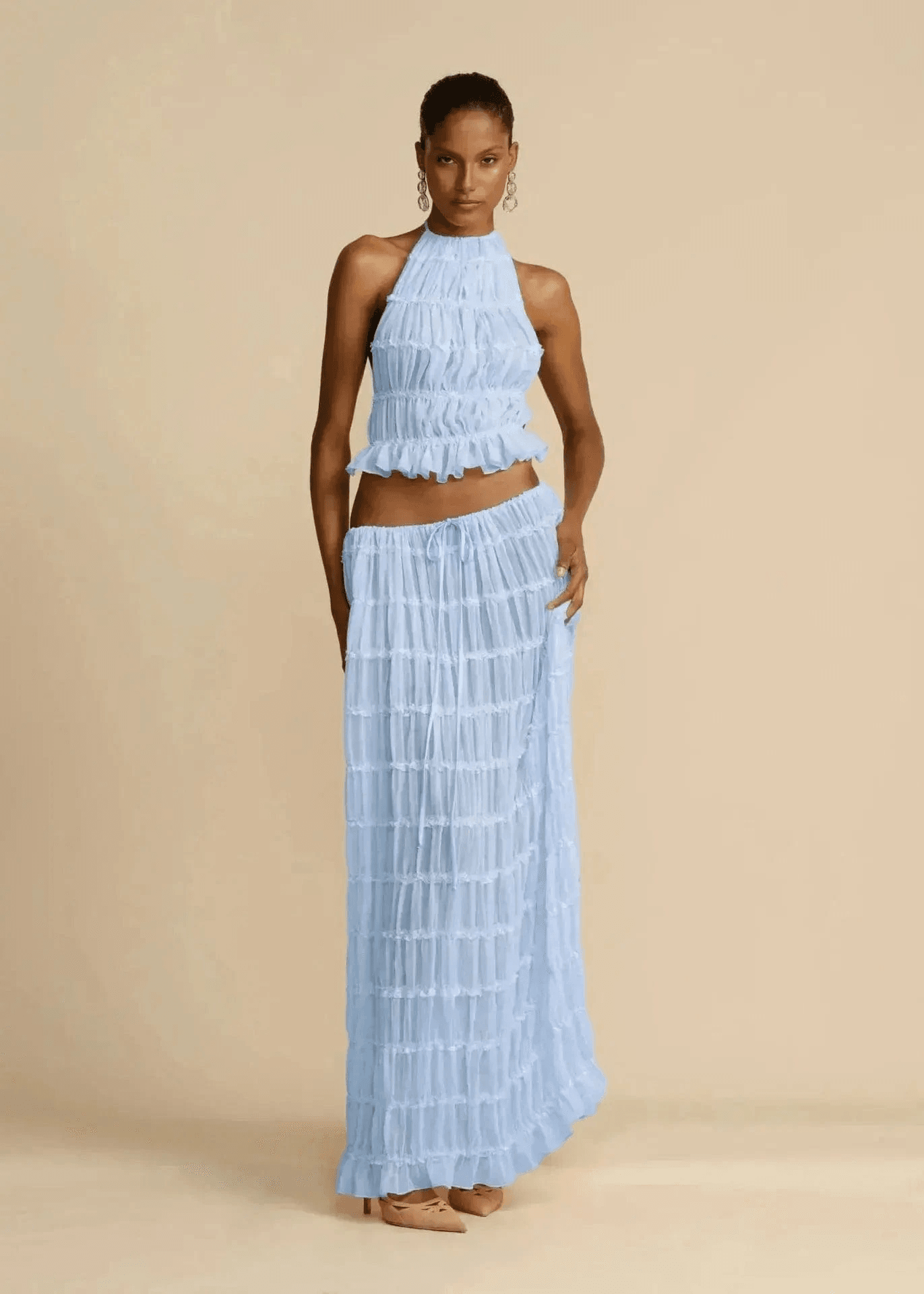 Ensemble Stella – Jupe Maxi et Top Dos Nu en Tissu Texturé Léger Bleu ciel / XS MAX for ME