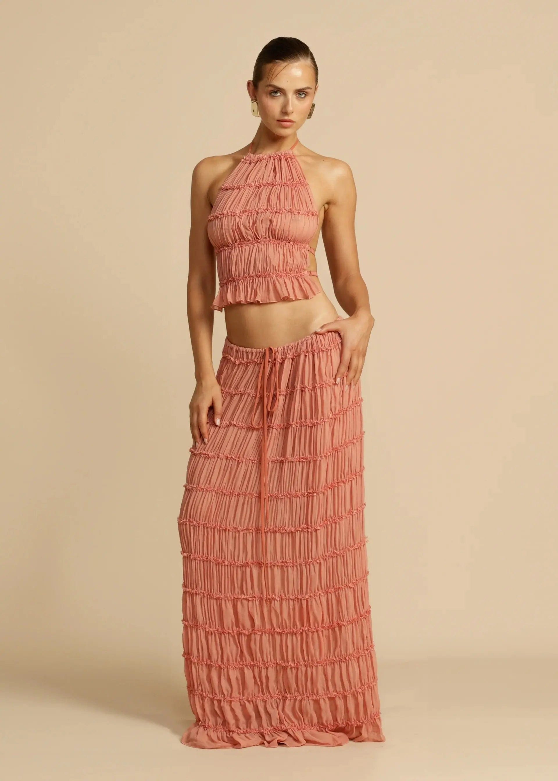 Ensemble Stella – Jupe Maxi et Top Dos Nu en Tissu Texturé Léger Or rose / XS MAX for ME