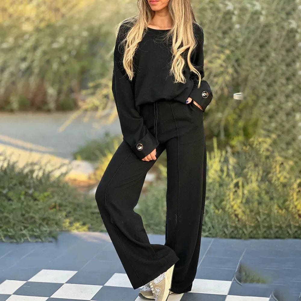 Ensemble tricot pour femme - Pull coupe décontractée et pantalon large - Poignets boutonnés Noir / S MAX FOR ME