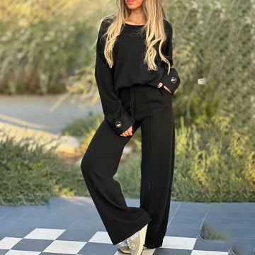 Ensemble tricot pour femme - Pull coupe décontractée et pantalon large - Poignets boutonnés Noir / S MAX FOR ME