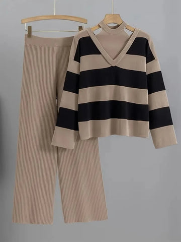 Ensemble tricot rayé femme col montant pantalon côtelé - confort optimal - MAX FOR ME Beige / S MAX for ME
