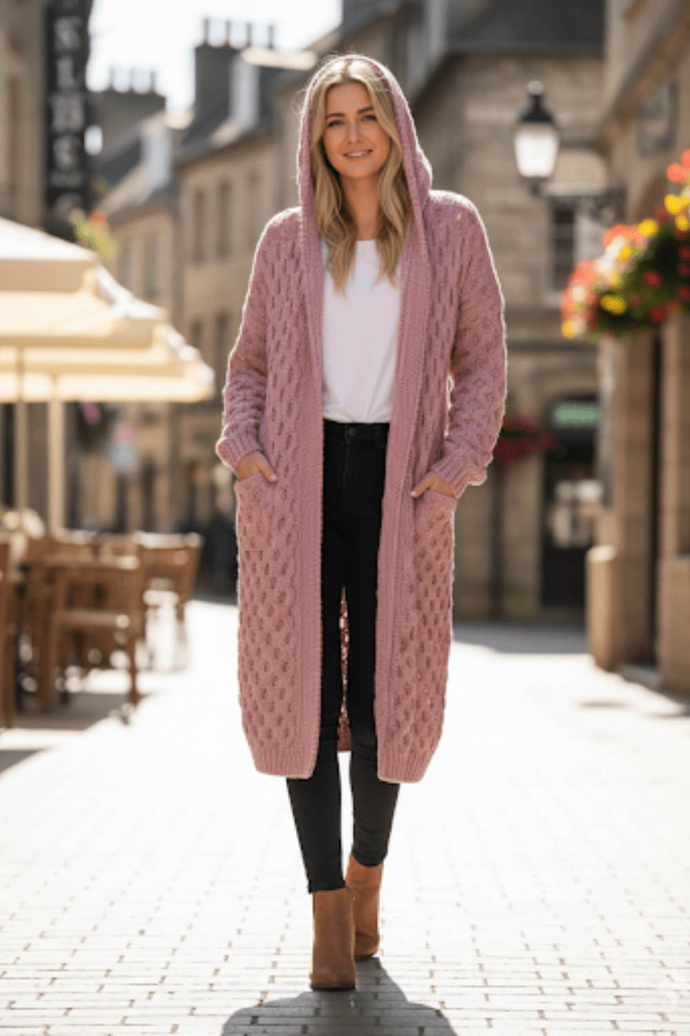 Manteau-cardigan à capuche en grosse maille - un cocon de douceur et de style - MAX FOR ME Rose / S MAX FOR ME