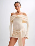 Mini-robe à manches longues évasées, Hors l'épaule Beige / S MAX FOR ME