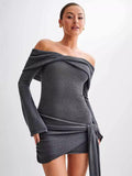 Mini-robe à manches longues évasées, Hors l'épaule Gris / S MAX FOR ME