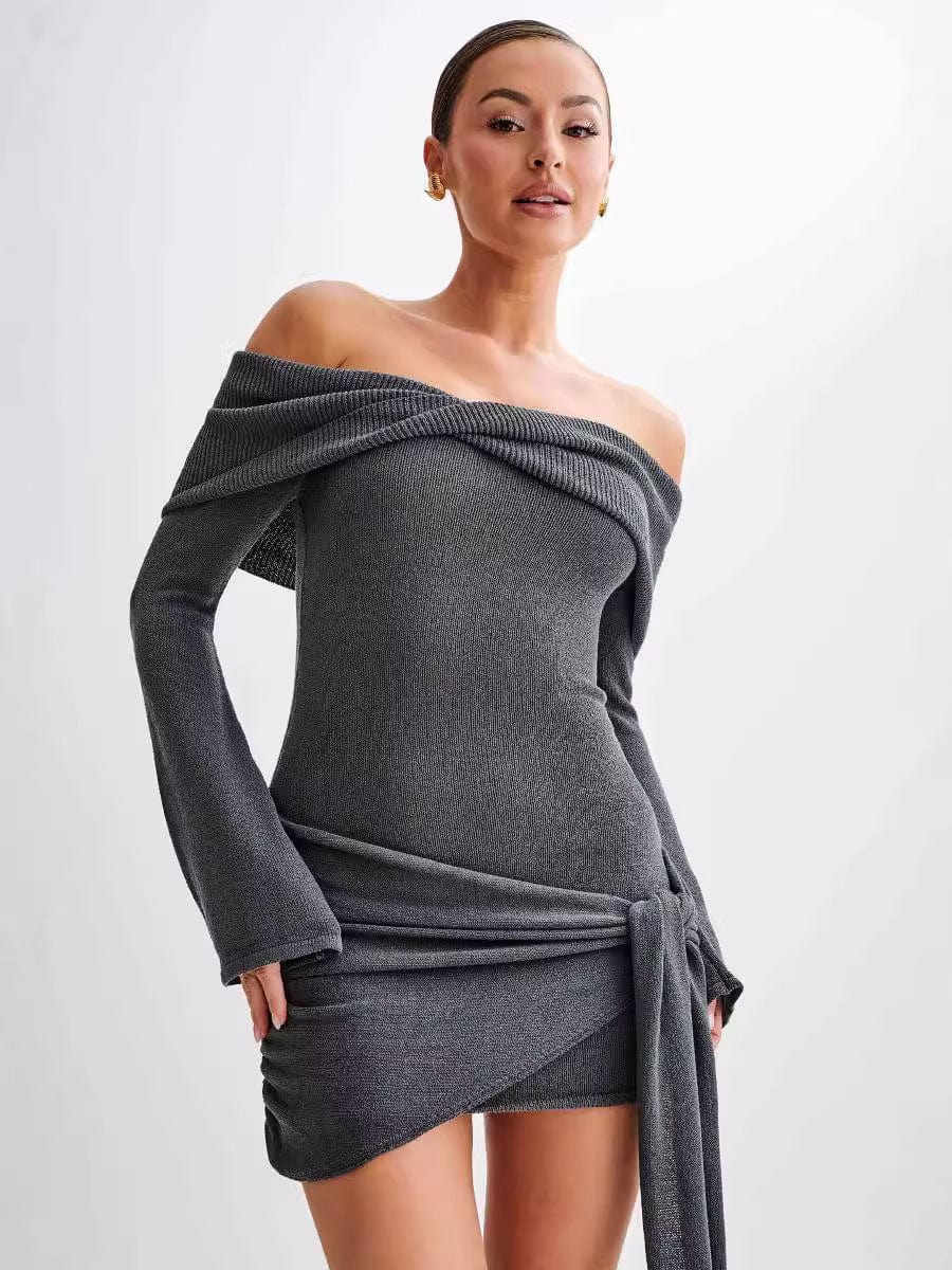Mini-robe à manches longues évasées, Hors l'épaule Gris / S MAX FOR ME