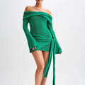 Mini-robe à manches longues évasées, Hors l'épaule Vert Foncé / S MAX FOR ME