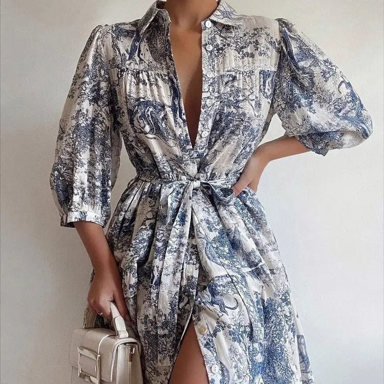 Robe courte imprimée style toile de Jouy – Col chemise et ceinture à nouer MAX FOR ME