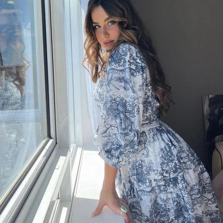 Robe courte imprimée style toile de Jouy – Col chemise et ceinture à nouer MAX FOR ME