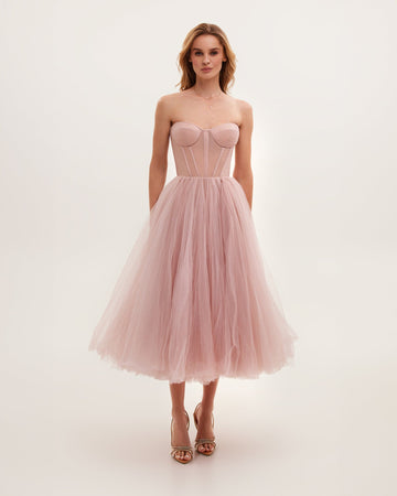 Robe de Soirée en Tulle Rose Poudré – Bustier Élégant MAX FOR ME