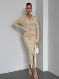 Robe en maille col V boutonnage simple longue - Beige / S MAX for ME