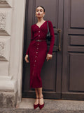 Robe en maille col V boutonnage simple longue - Bordeaux / S MAX for ME